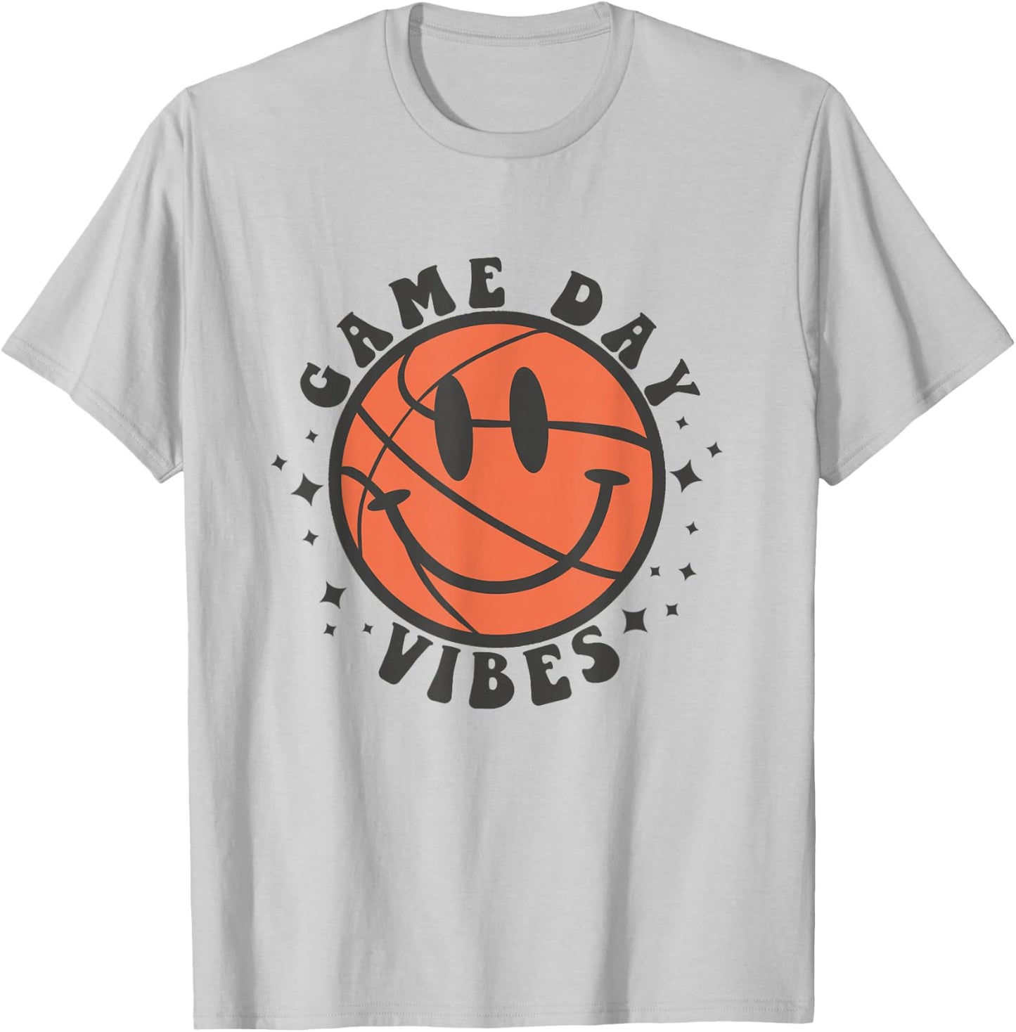Game Day Vibes Groovy Retro Happy Face Basketball Fan Lover T-Shirt - T-Shirt | Ash