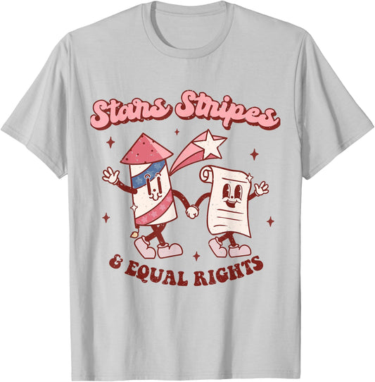 Stars Stripes & Equal Rights 4th Of July Retro Groovy Women T-Shirt - T-Shirt | Ash