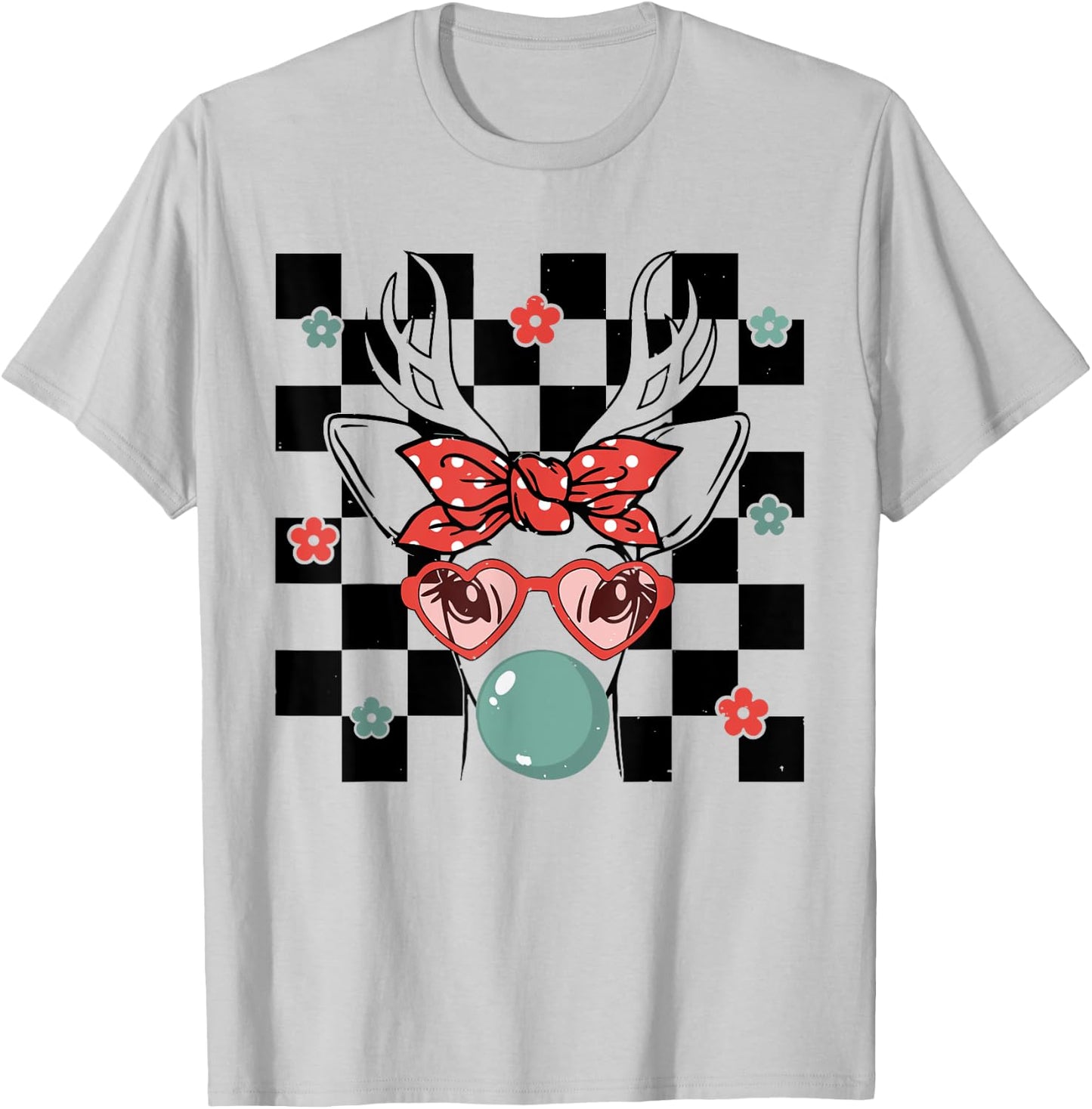Cute Reindeer Wearing Glasses Bubblegum Checkered Christmas T-Shirt - T-Shirt | Ash