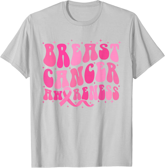 Groovy Breast Cancer Awareness Month T-Shirt - T-Shirt | Ash