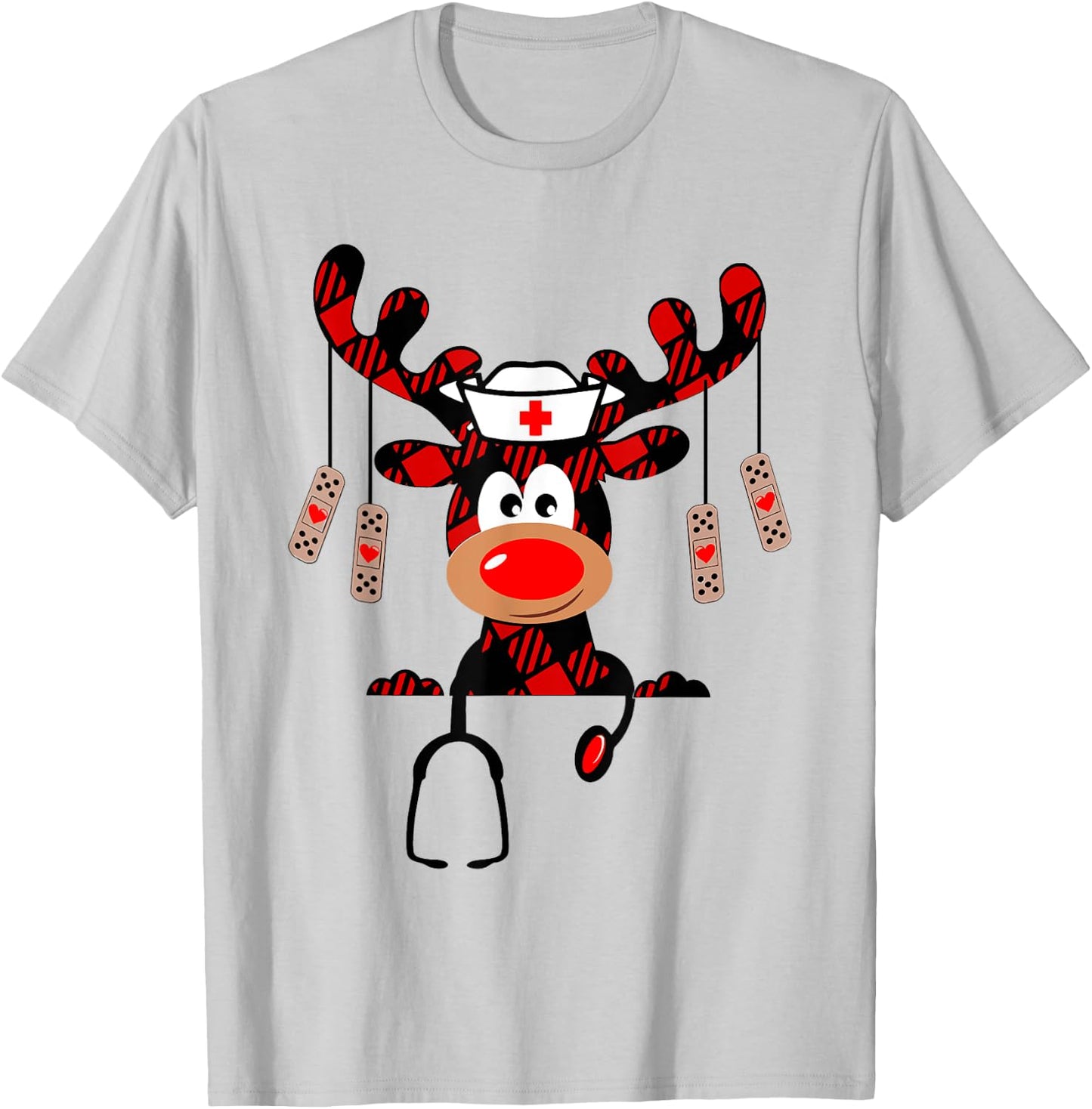 Nurse Christmas Reindeer Nurse Plaid NICU RN LPN Scrub Top T-Shirt - T-Shirt | Ash