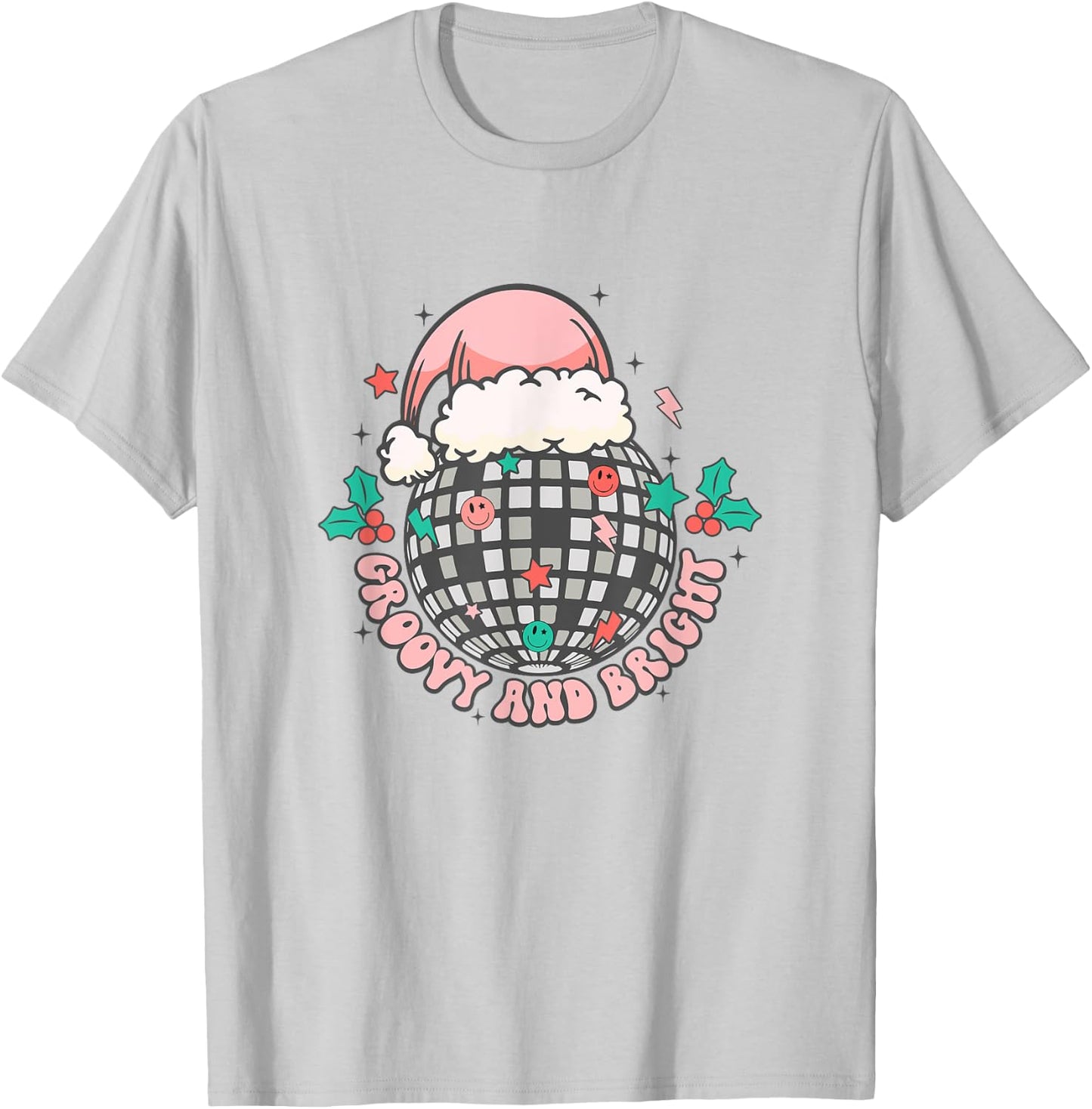 Disco Christmas Ball Retro Groovy Bright Santa Hat T-Shirt - T-Shirt | Ash