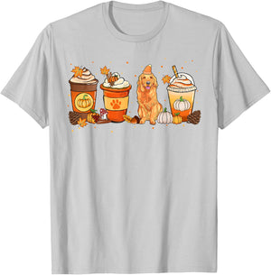 Pumpkin Spice Latte Golden Retriever Fall Thanksgiving T-Shirt - T-Shirt | Ash