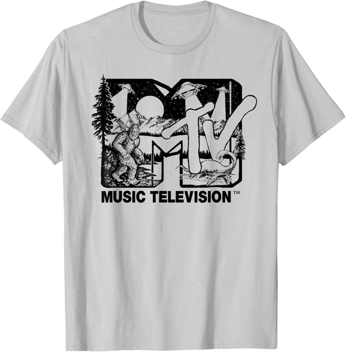Mademark x MTV - Cryptid-Filled MTV Logo Feat. Bigfoot, UFO, & Nessie Outline T-Shirt - T-Shirt | Ash