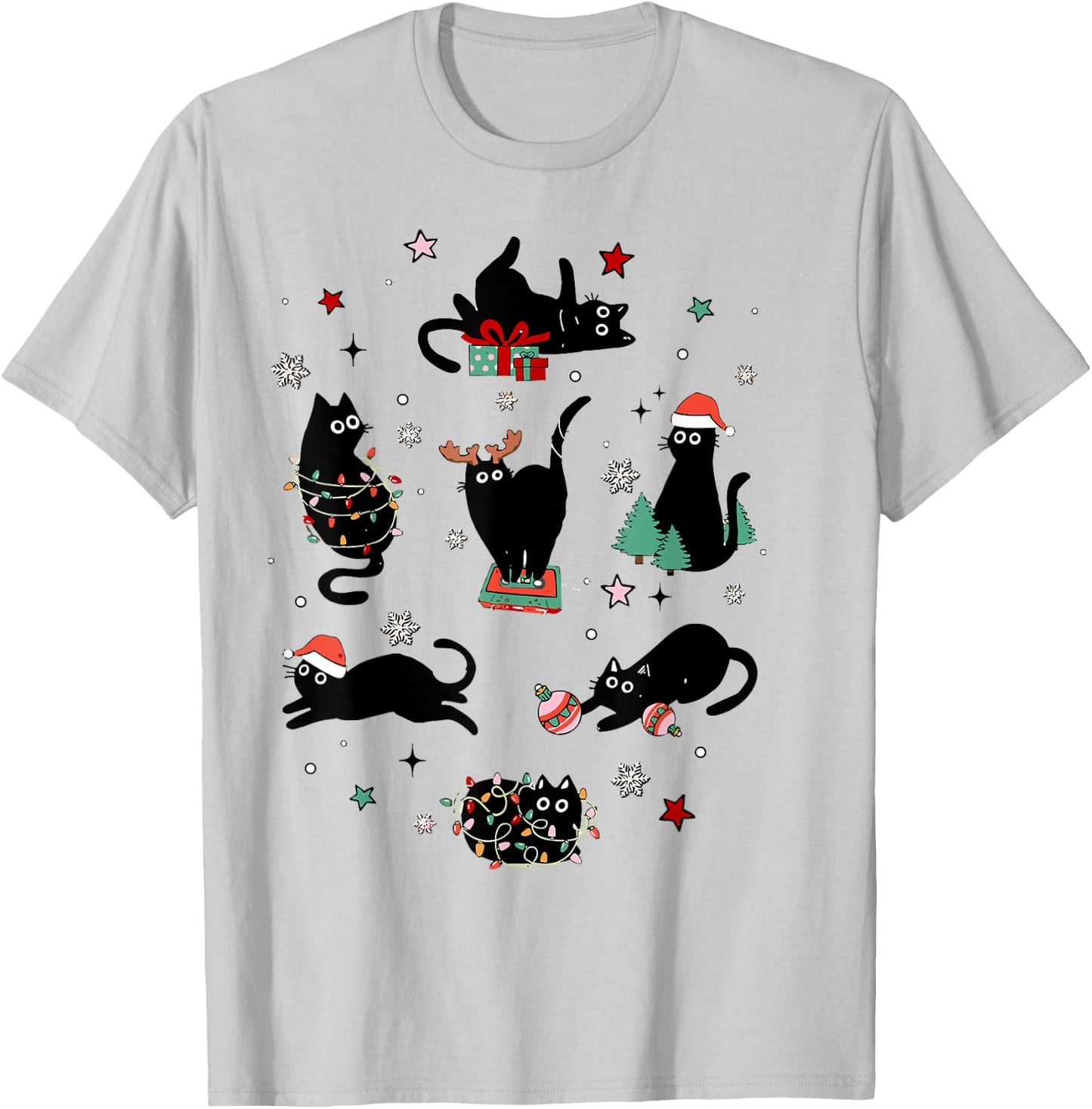 Santa Cat Light Gorgeous Reindeer Pajama Christmas Cat Lover T-Shirt - T-Shirt | Ash