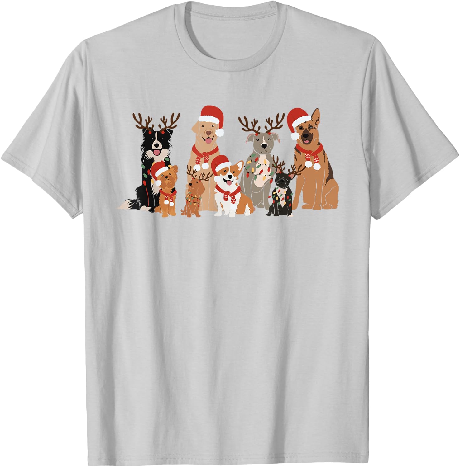 Christmas Dogs Squad Reindeer Santa Lights Dog Owner T-Shirt - T-Shirt | Ash