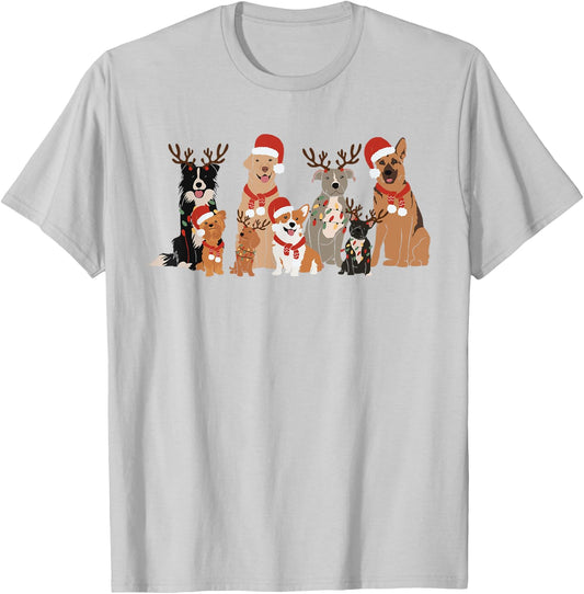 Christmas Dogs Squad Reindeer Santa Lights Dog Owner T-Shirt - T-Shirt | Ash