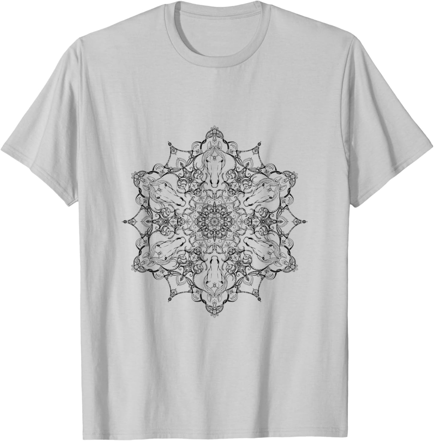 Mystical Magical Black and White Horse Head Mandala T-Shirt - T-Shirt | Ash