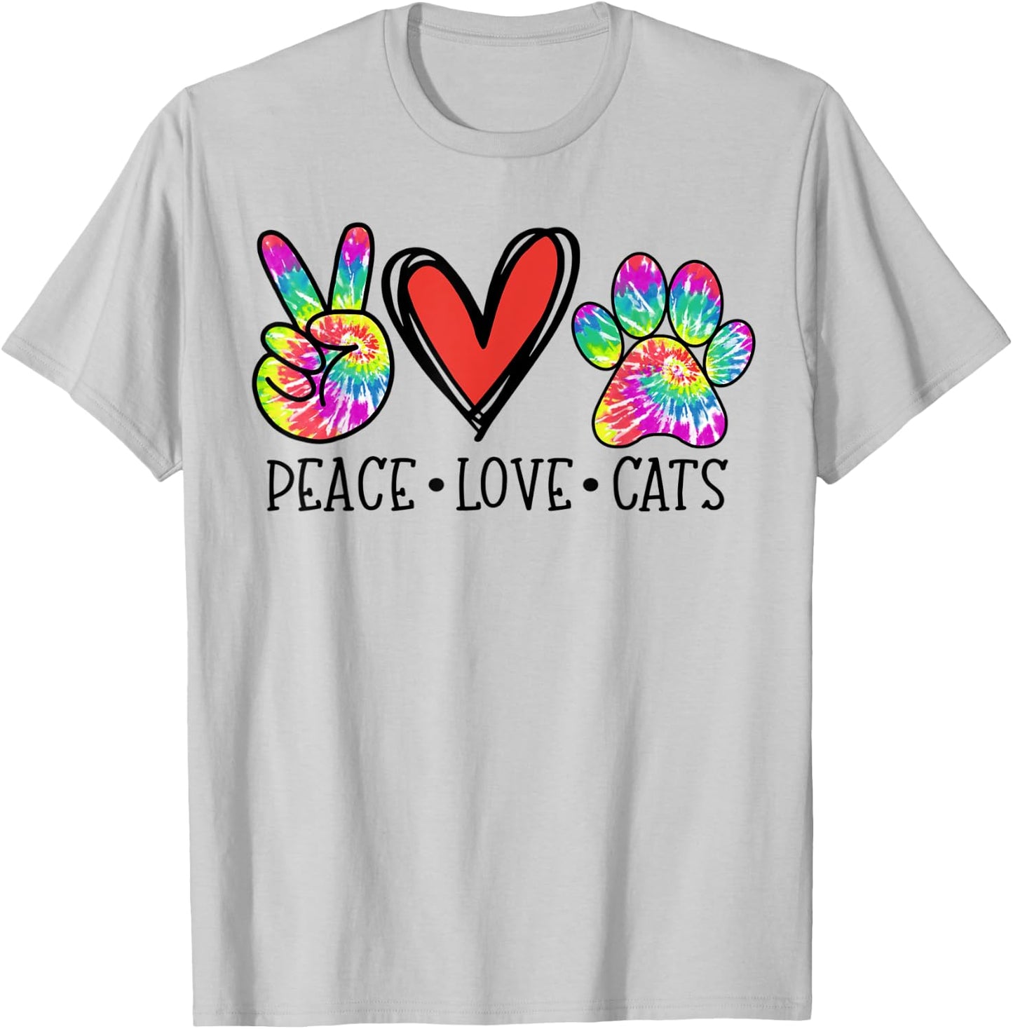 Peace Love Cats Paws Tie Dye Rainbow Animal Rescue T-Shirt - T-Shirt | Ash