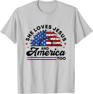 She Loves Jesus And America Too Christian Women US Sunflower T-Shirt - T-Shirt | Ash