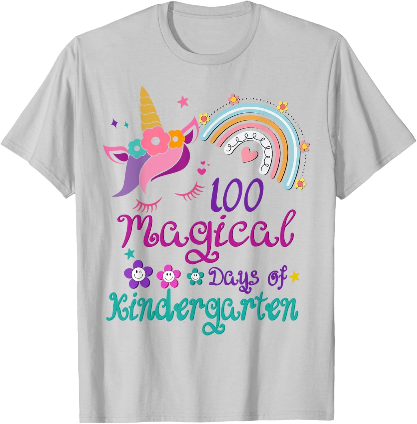 100 Days Of Kindergarten 100th Day School unicorn girls T-Shirt - T-Shirt | Ash