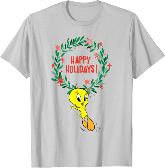 Looney Tunes Christmas Wreath Happy Holidays With Tweety T-Shirt - T-Shirt | Ash