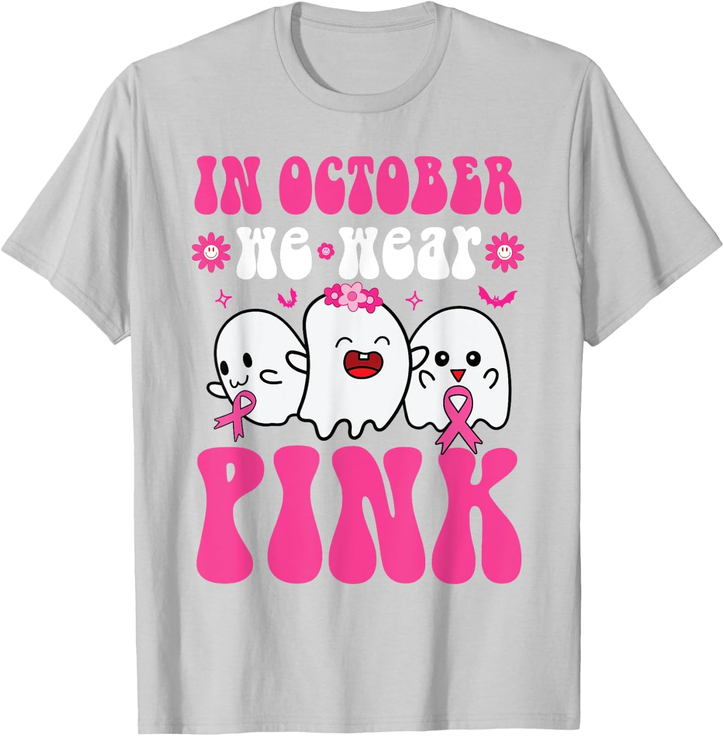 Groovy Wear Pink Breast Cancer Warrior Ghost Halloween Girls T-Shirt - T-Shirt | Ash