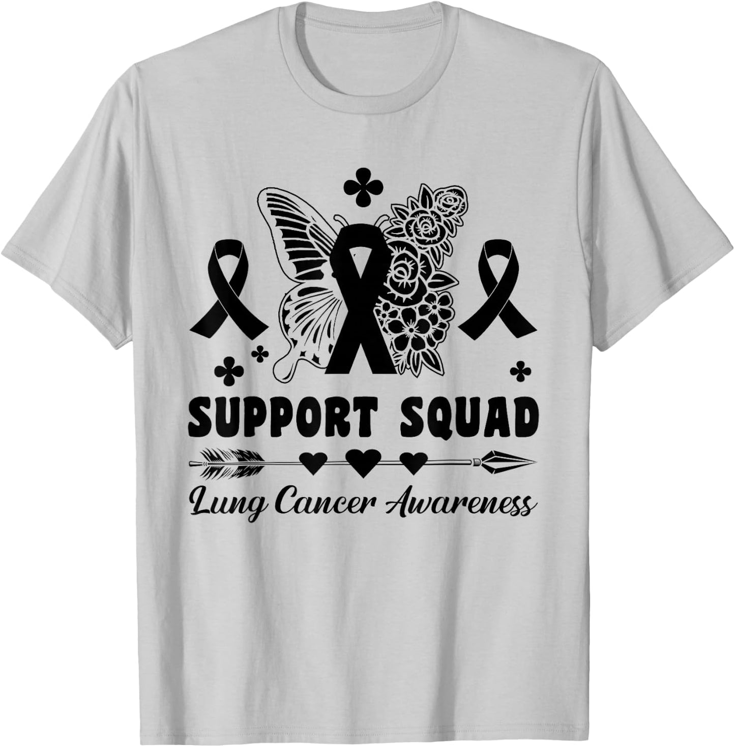 Butterflies Ribbon White Lung Cancer Awareness Support Squad T-Shirt - T-Shirt | Ash
