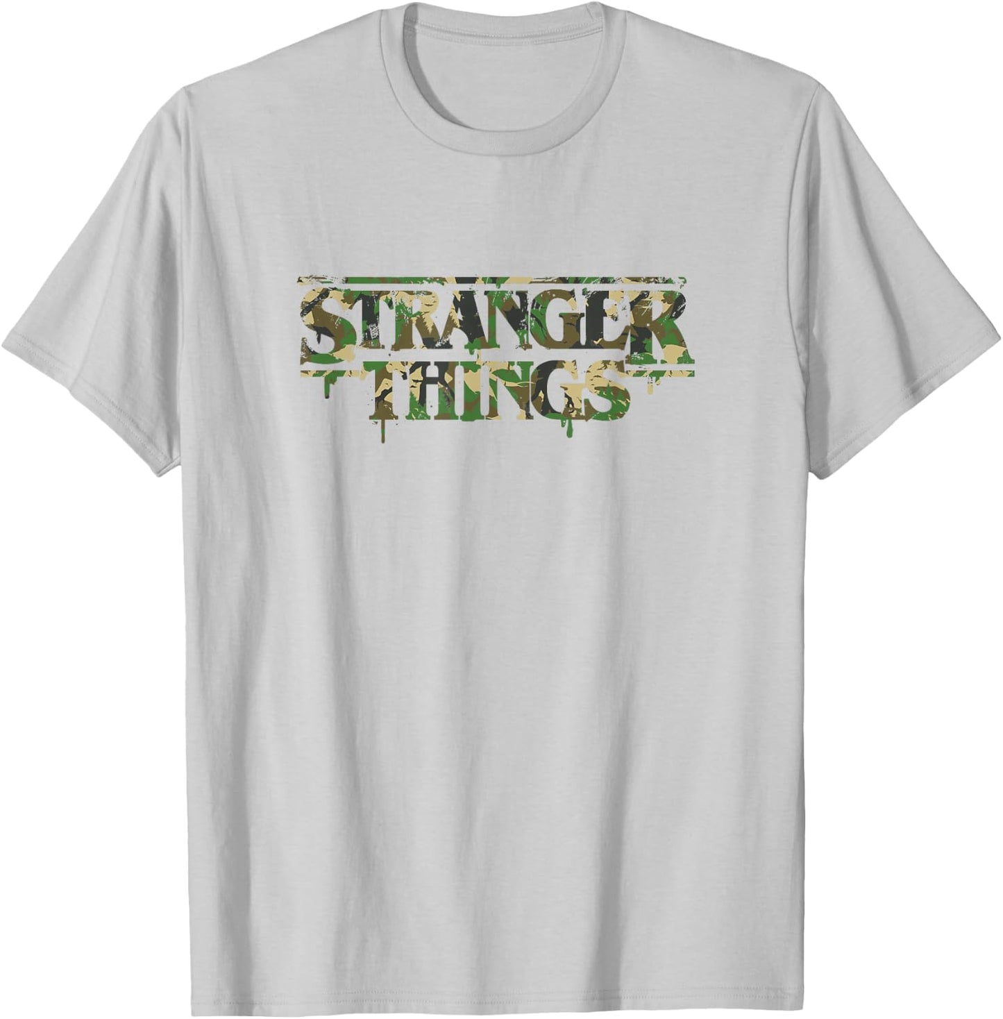 Stranger Things Military Camouflage Dripping Paint Logo T-Shirt - T-Shirt | Ash