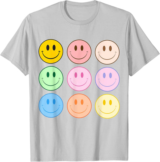 Retro Happy Face Colorful - Smile Face Trendy T-Shirt - T-Shirt | Ash