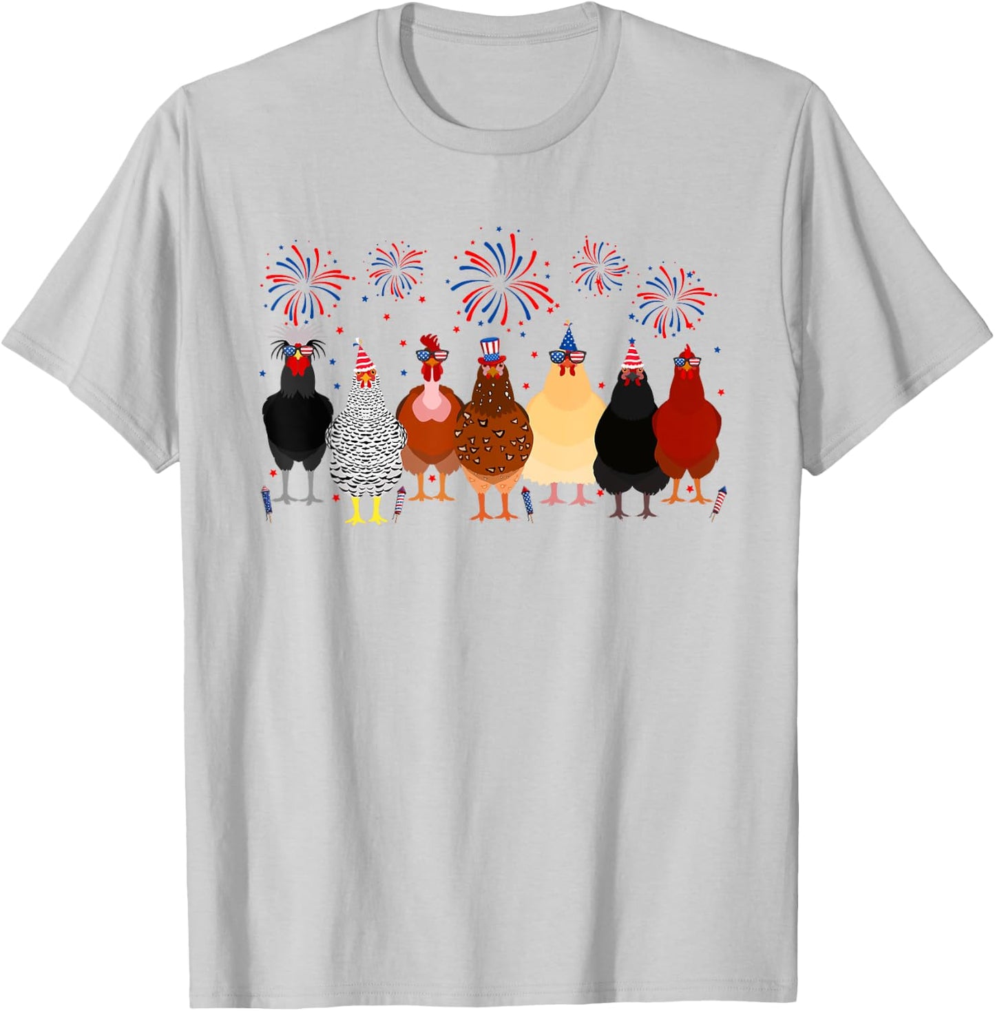 Funny Chickens American Flag Fireworks Farmer 4th Of July Women Men T-Shirt - T-Shirt | Ash