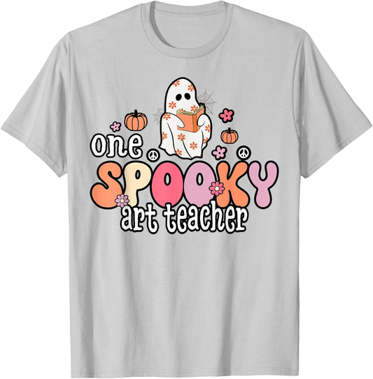 One Spooky Art Teacher Halloween Ghost Costume Retro Teacher Men Women T-Shirt - T-Shirt | Ash