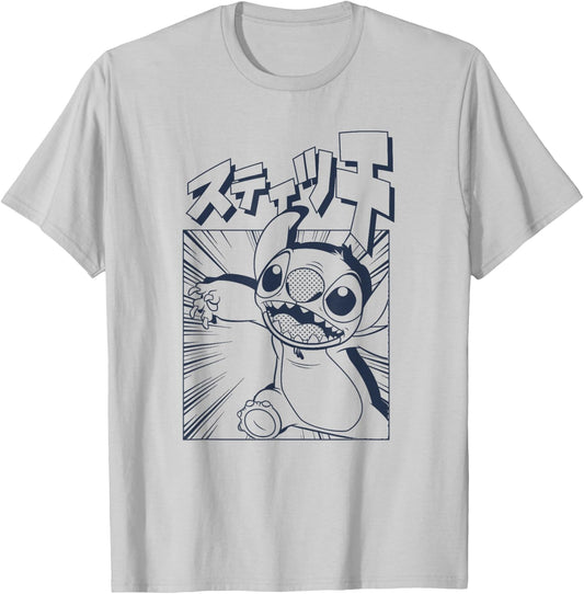 Disney Lilo & Stitch Manga Katakana Japanese Panel Portrait T-Shirt - T-Shirt | Ash
