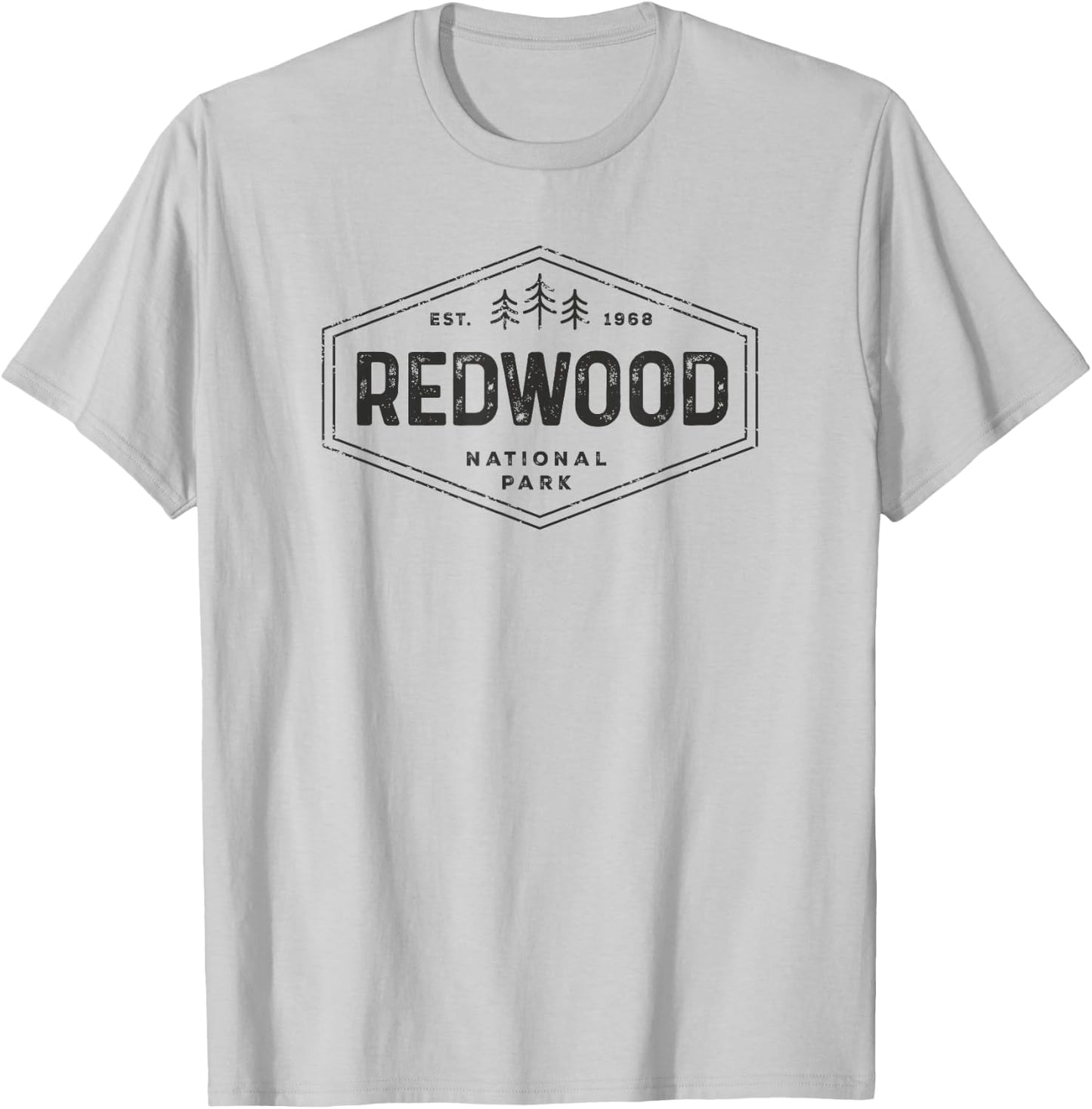 Redwood National Park Shirt Vintage Tree Hexagon Badge Hike T-Shirt - T-Shirt | Ash