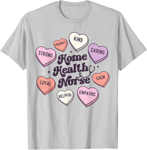 Home Health Nurse Groovy Medical Valentines Day Retro Hearts T-Shirt - T-Shirt | Ash
