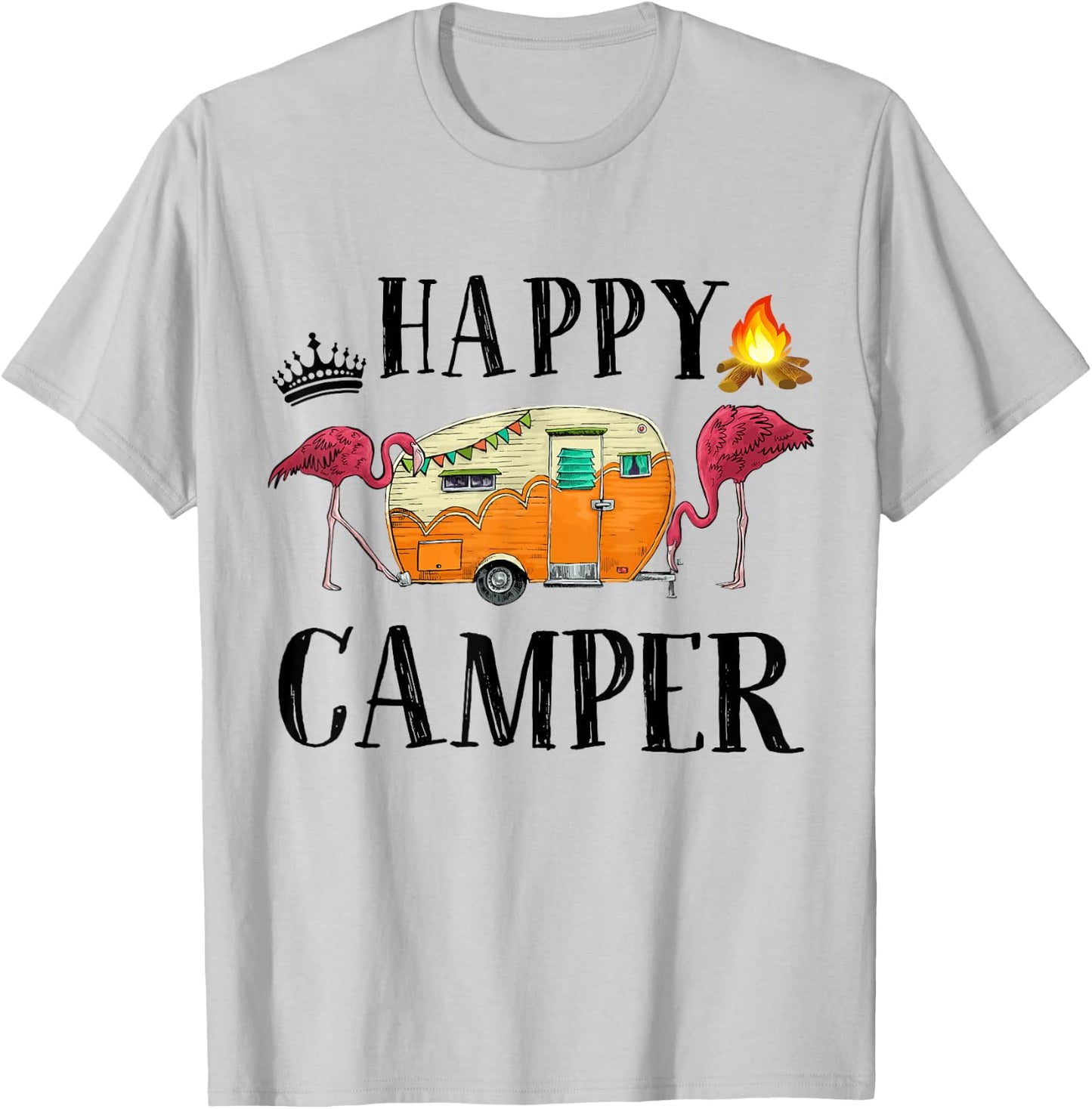 Funny Happy Camper Camping-Shirt Women Toddler Girl Flamingo T-Shirt - T-Shirt | Ash