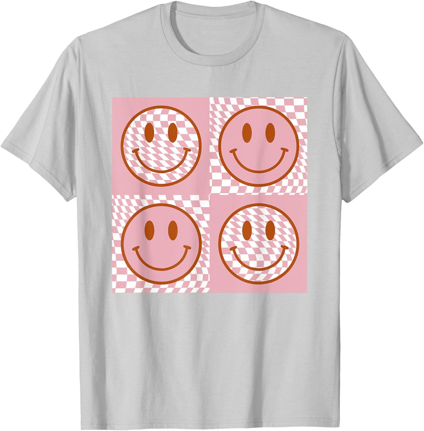 Checkered Pattern Happy Face Shirt Retro Pink Smile Face T-Shirt - T-Shirt | Ash
