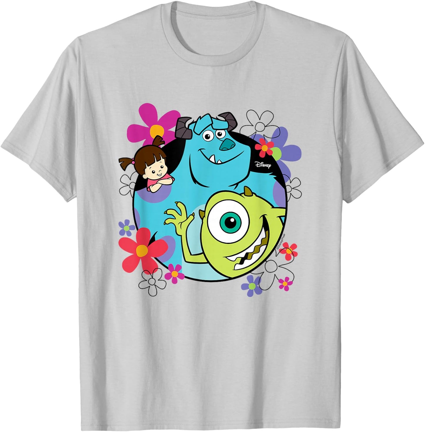 Monsters Inc - Sully Mike Wazoski Boo Floral Circle Group T-Shirt - T-Shirt | Ash
