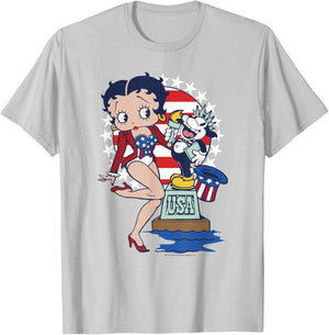 Betty Boop & Bimbo USA Star Spangled Patriotic Portrait T-Shirt - T-Shirt | Ash