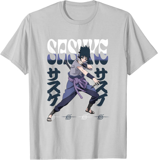 Naruto Shippuden Sasuke Attack Pose with Kanji Anime T-Shirt - T-Shirt | Ash
