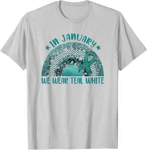In January We Wear Teal White - Cervical Cancer Rainbow T-Shirt - T-Shirt | Ash