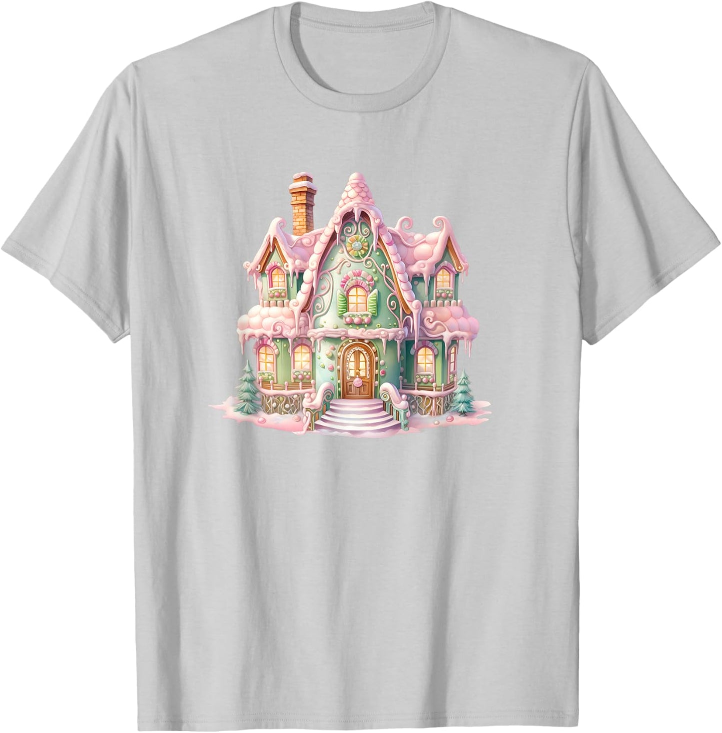 Pastel Gingerbread House Graphic Cute Christmas T-Shirt - T-Shirt | Ash