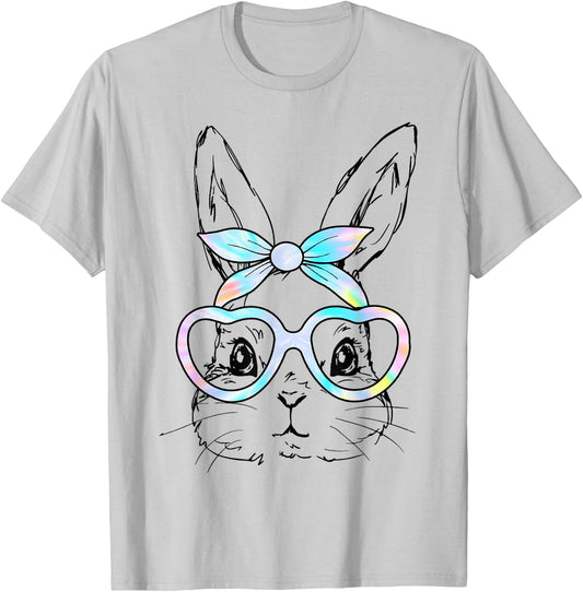 Cute Bunny Rabbit Face Tie Dye Glasses Girl Happy Easter Day T-Shirt - T-Shirt | Ash