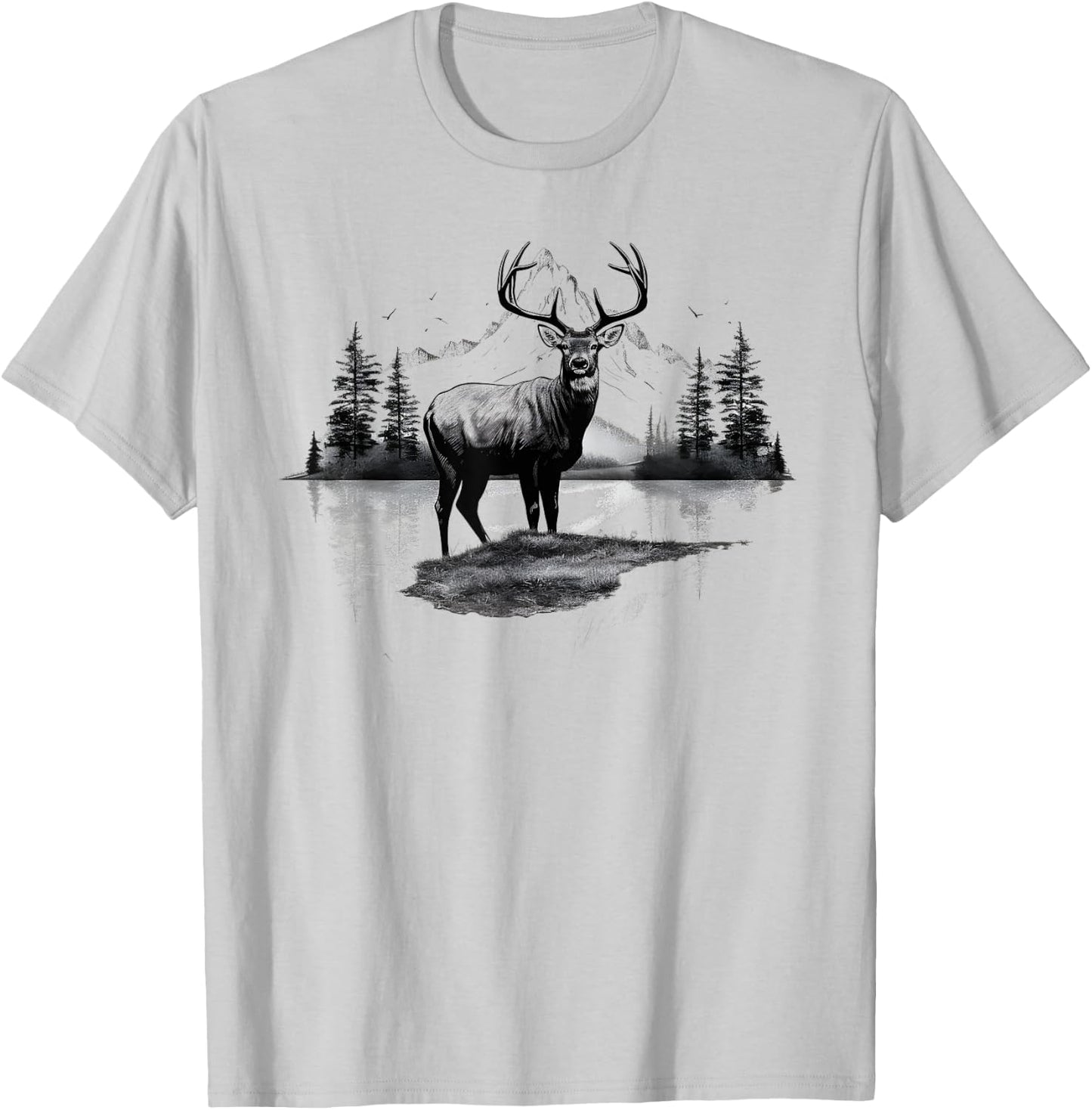 Buck Deer Stag Nature Landscape Art Portrait Vintage Graphic T-Shirt - T-Shirt | Ash