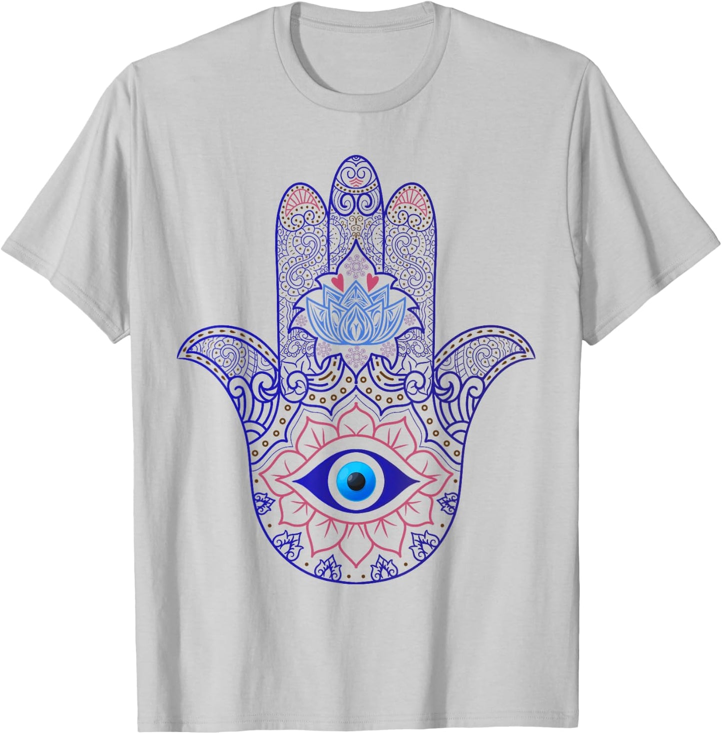 Hamsa Hand Blue Evil Eye Yoga - Spiritual Symbol Ornament T-Shirt - T-Shirt | Ash