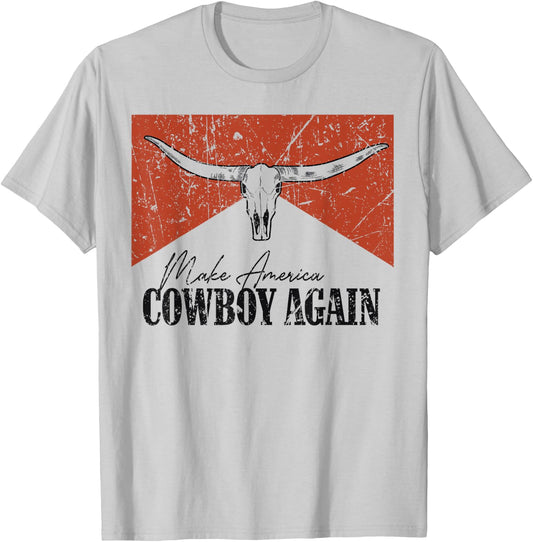 Vintage Bull Skull Makes America A Cowboy Again Country T-Shirt - T-Shirt | Ash