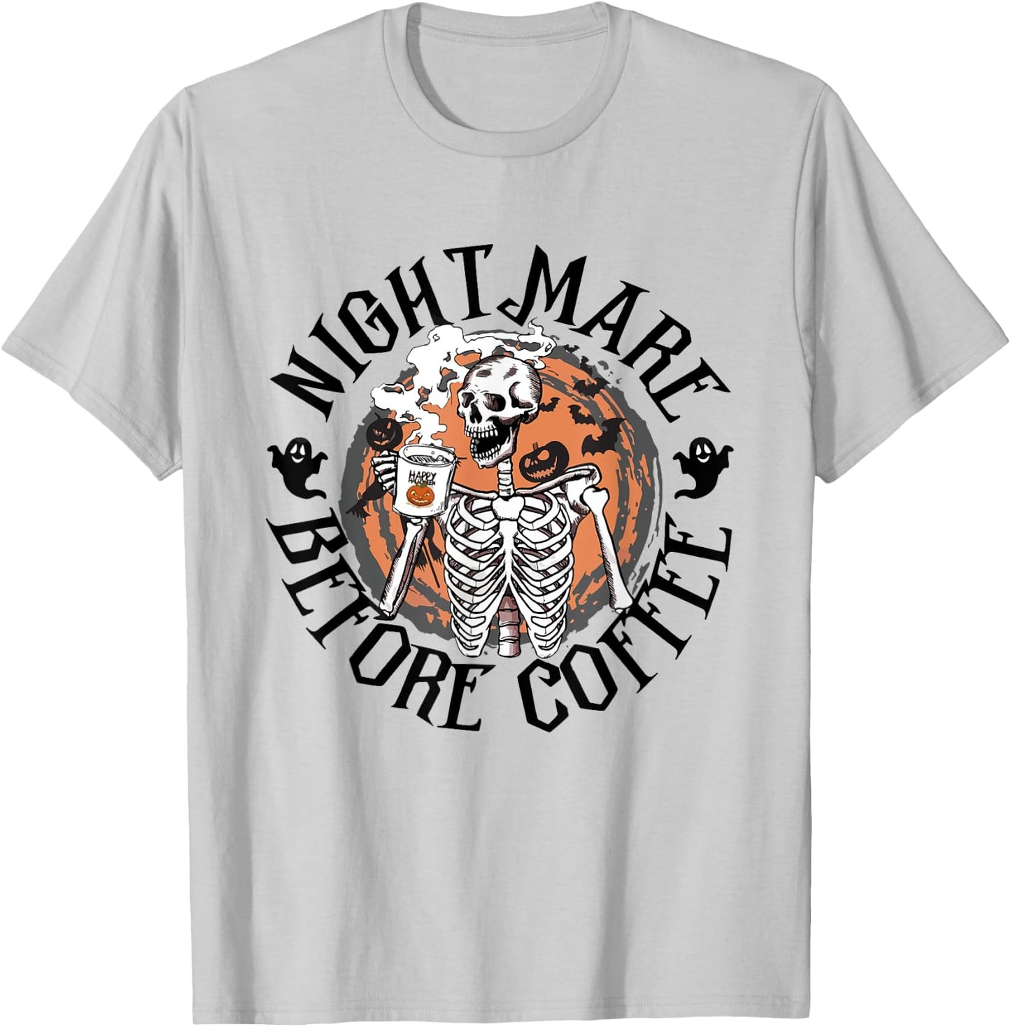 Nightmare Before Coffee Skeleton Drinking Caffeine T-Shirt - T-Shirt | Ash