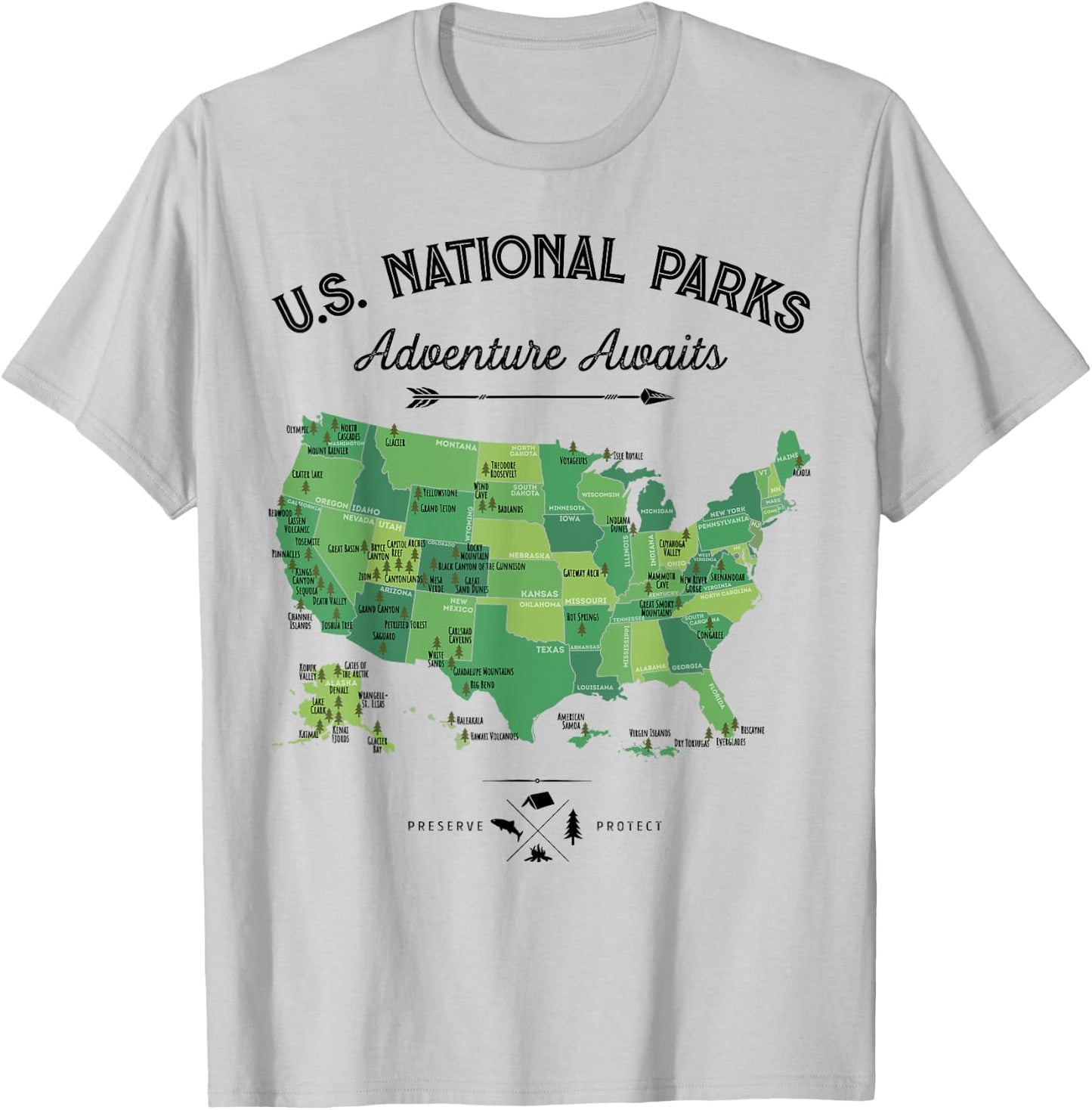 63 National Parks Map US Park Retro Vintage Camping Hiking T-Shirt - T-Shirt | Ash