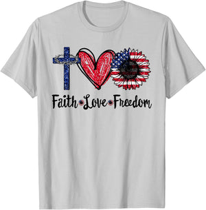 Faith Love Freedom Sunflower Jesus American Flag 4th of July T-Shirt - T-Shirt | Ash