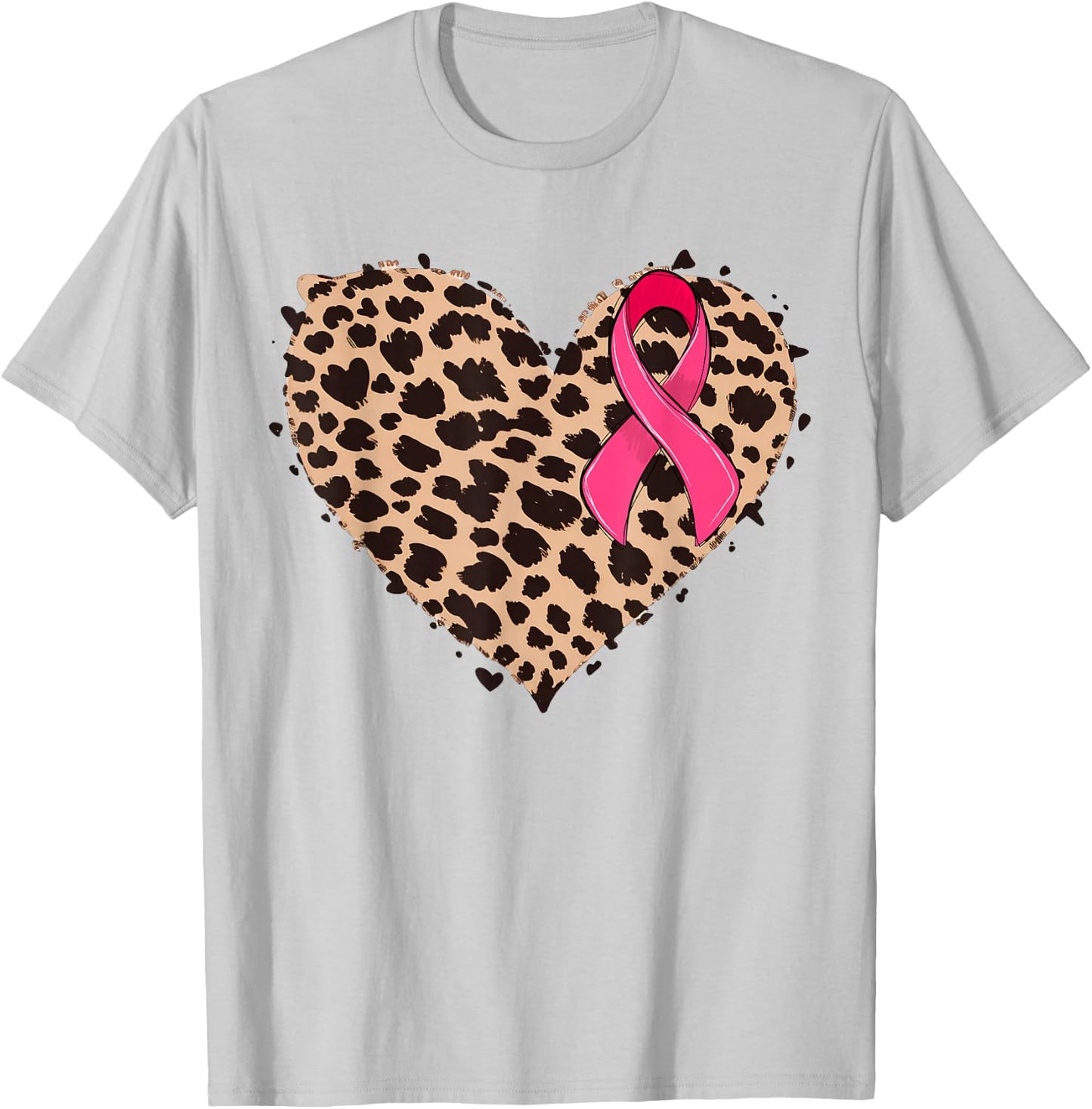 Breast cancer Pink ribbon Cheetah Leopard Heart Print T-Shirt - T-Shirt | Ash