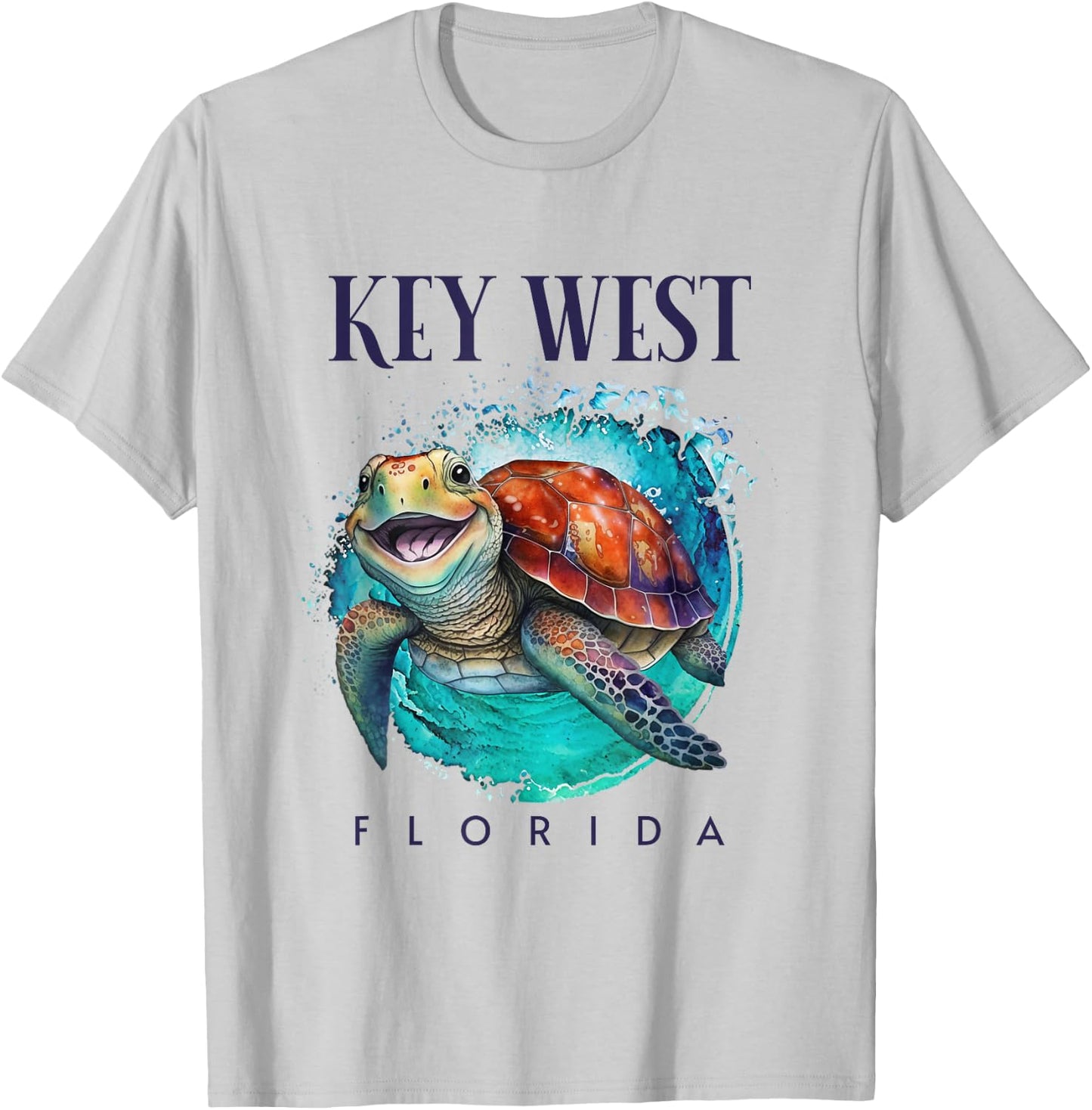 Key West Florida Watercolor Happy Sea Turtle T-Shirt - T-Shirt | Ash