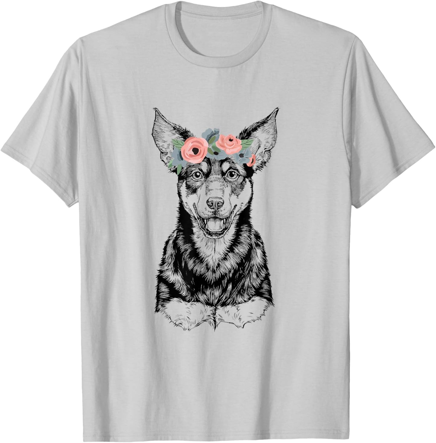 Australian Kelpie with Floral Headband Dog Mom T-Shirt - T-Shirt | Ash