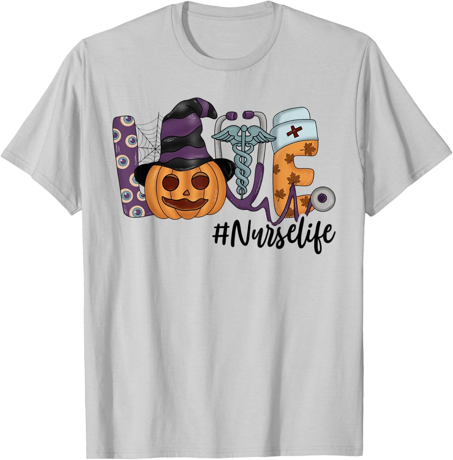 Halloween Love Nurse Stethoscope Pumpkin Health Worker T-Shirt - T-Shirt | Ash