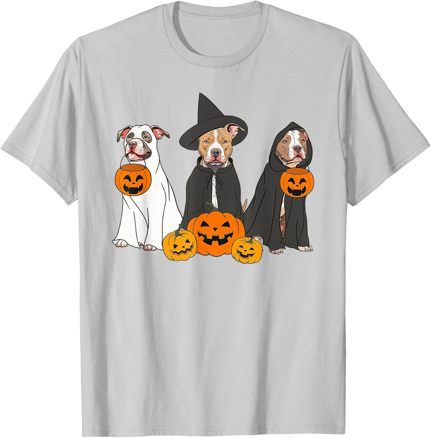 Ghost And Witch Pit Bull Funny Pit Bull Ghost Halloween T-Shirt - T-Shirt | Ash