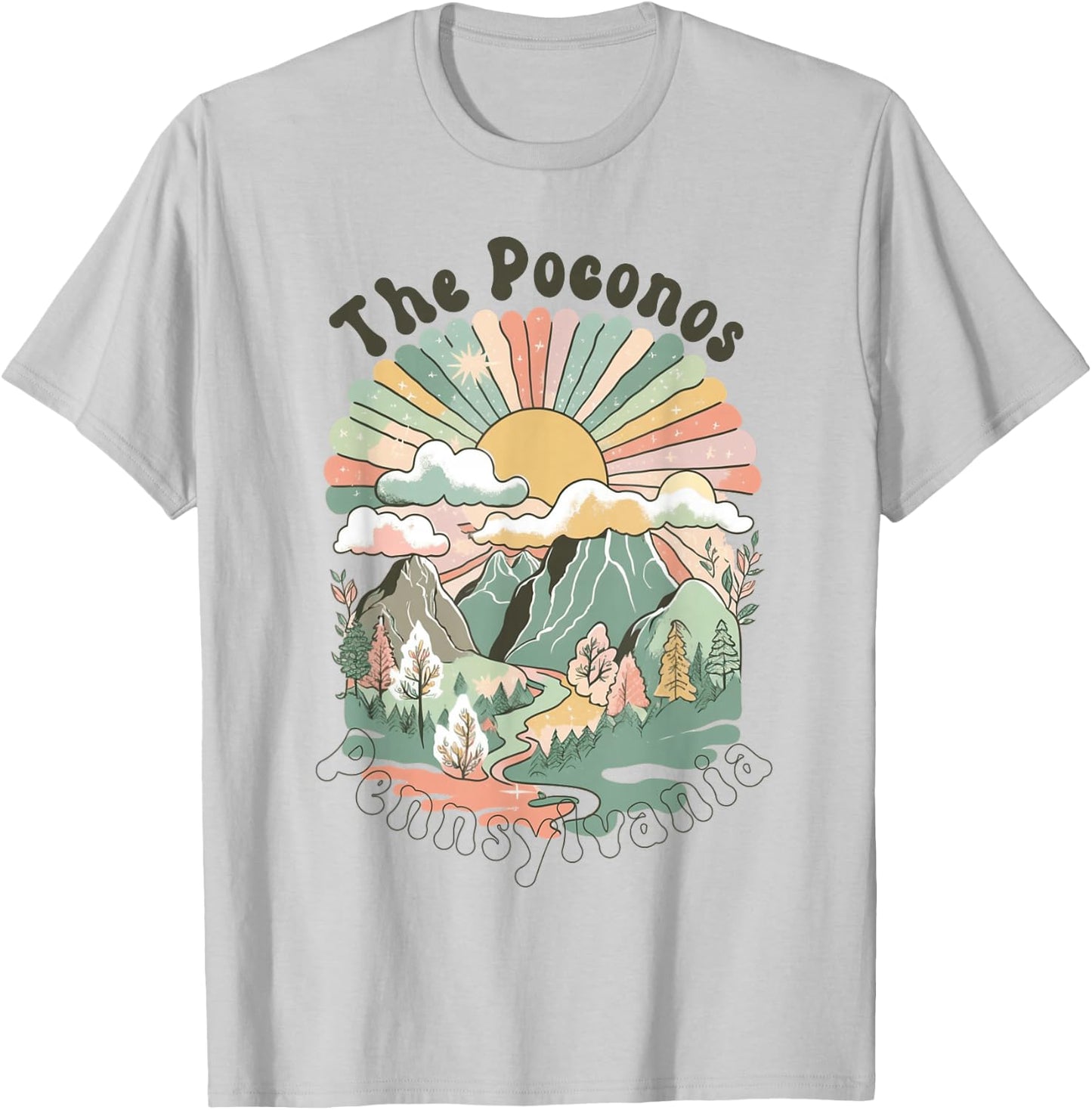 Vintage The Poconos Pennsylvania Mountains Hiking Sunset T-Shirt - T-Shirt | Ash
