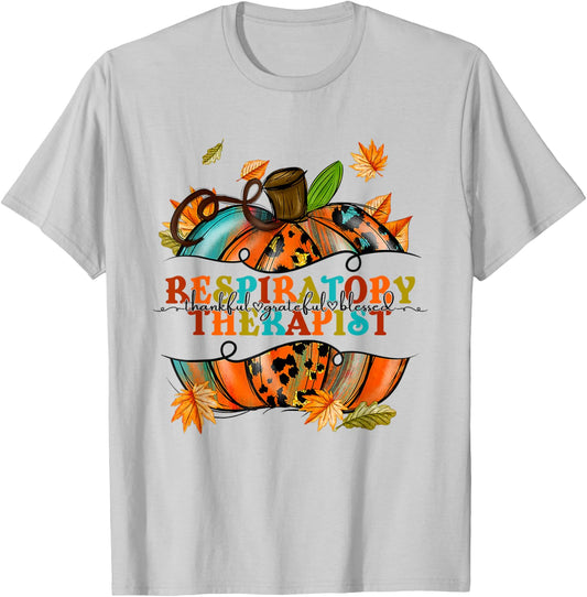 Thankful Grateful Respiratory Therapist Pumpkin Autumn Fall T-Shirt - T-Shirt | Ash