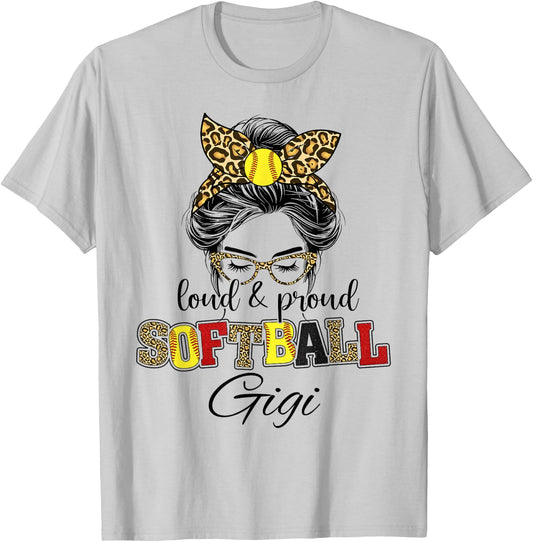 Proud and loud softball Gigi messy bun leopard girls T-Shirt - T-Shirt | Ash