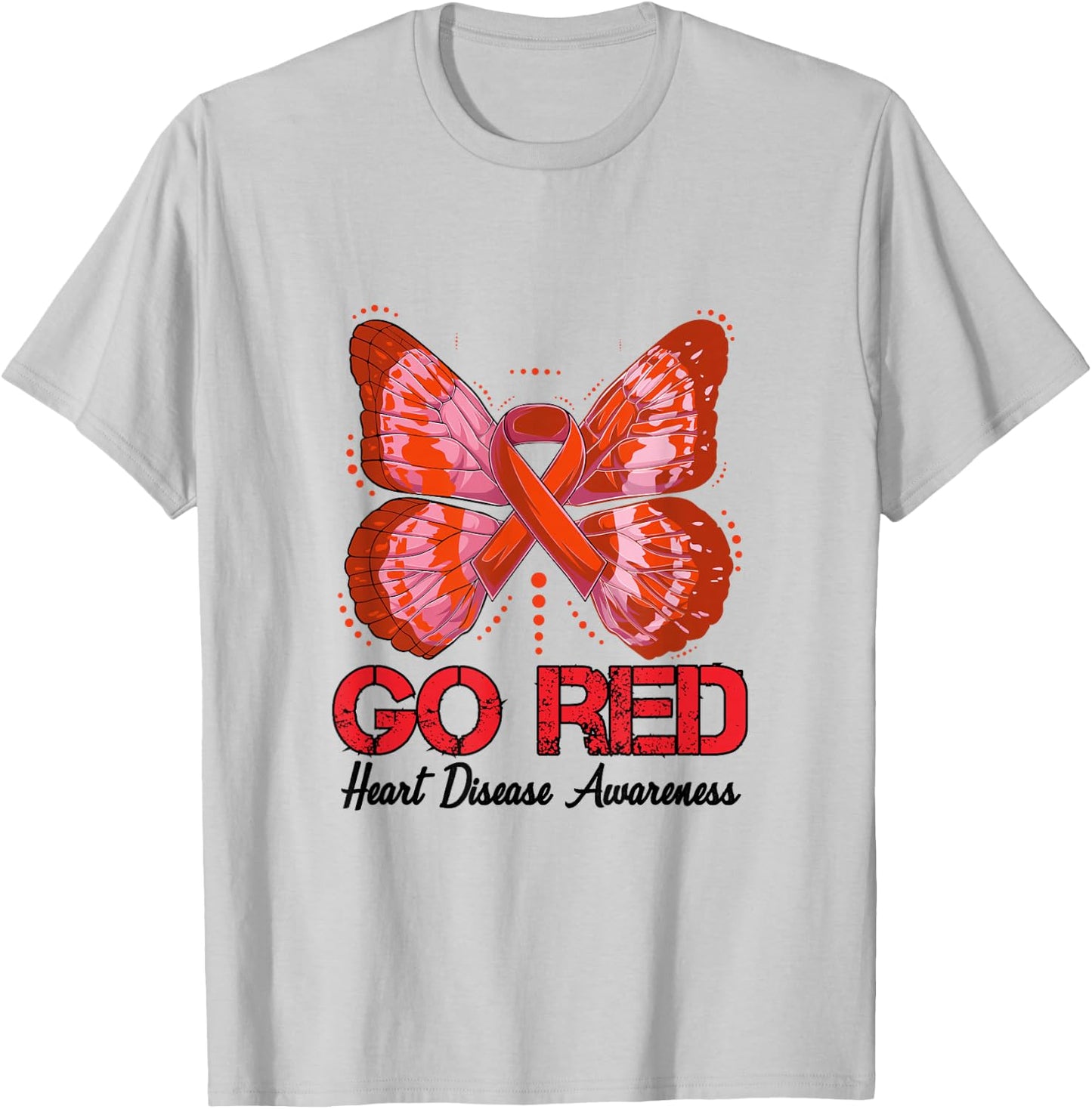 Go Red Heart Disease Awareness 2023 Red Ribbon Butterfly T-Shirt - T-Shirt | Ash