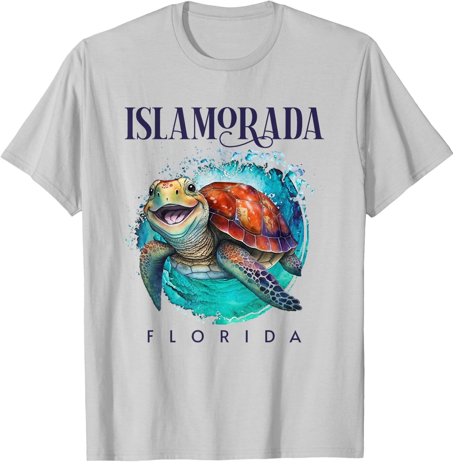 Islamorada Florida Watercolor Happy Sea Turtle T-Shirt - T-Shirt | Ash