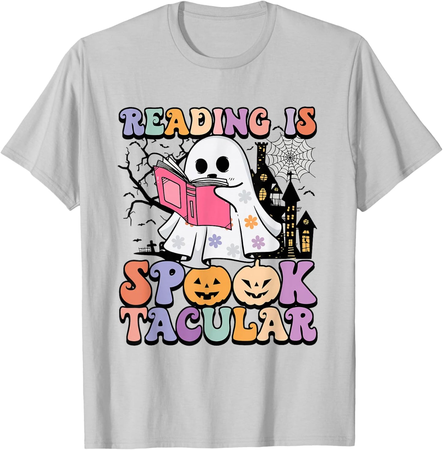 Reading Is Spooktacular Funny Ghost Reading Book Halloween T-Shirt - T-Shirt | Ash